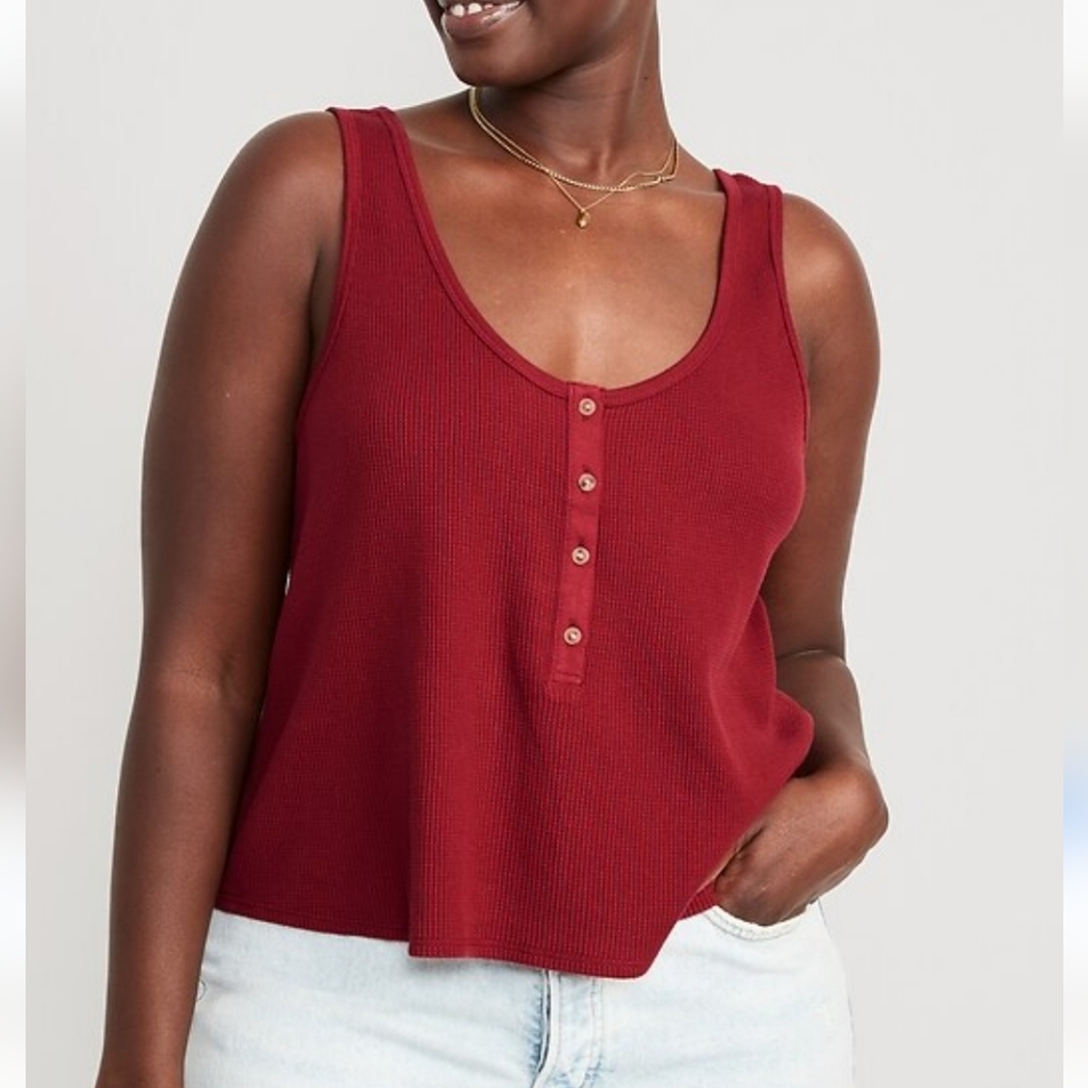 NWT Old Navy Waffle Knit Cropped Henley Tank Top 4X Red Z-2570